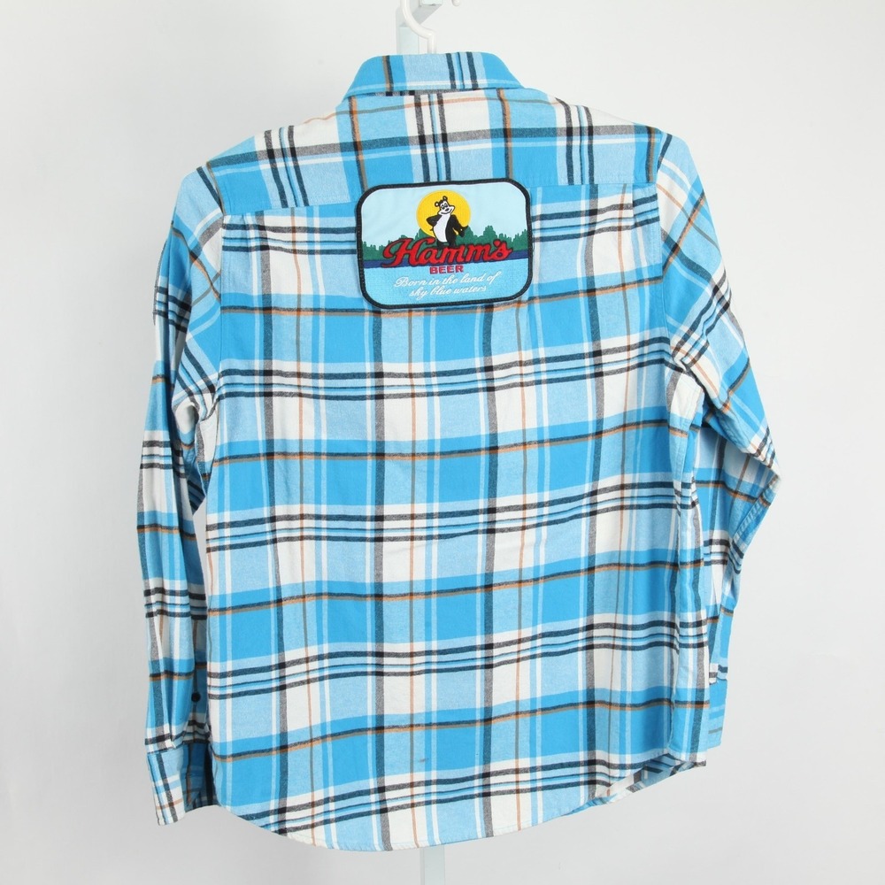 Angry Minnow Flannel Co Hamm's Beer Shirt Mens Large Blue Plaid Cotton Flannel - Picture 5 of 12